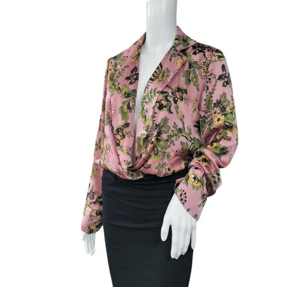 ZARA Pink Floral Print Button Front Satin Bloggers Long Sleeve Bodysuit Medium - Picture 1 of 15